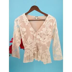 Amber Skies by Free People Womens Beige Lace Overlay Embroidered Boho Top Size M